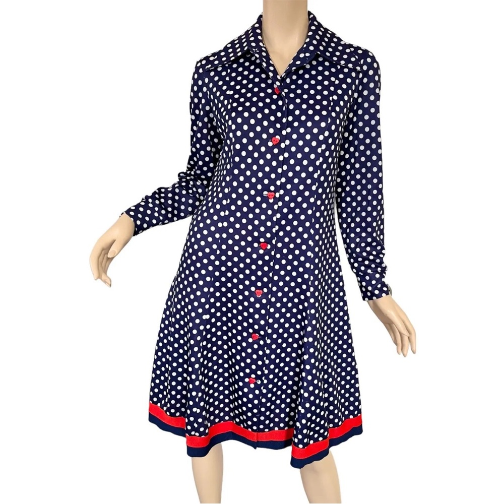 Mod Vintage Dress Polka Dot Print Blue White Red Heart Button Down Size Large